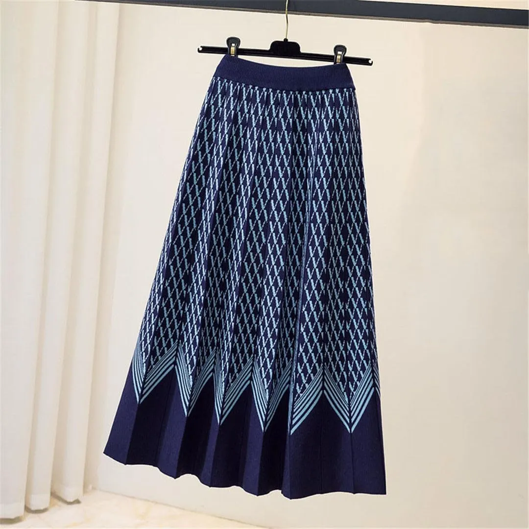 Thick Warm Knitted Long Skirt for Women Fall Winter Geometric A Line High Waist Pleated Midi Skirt