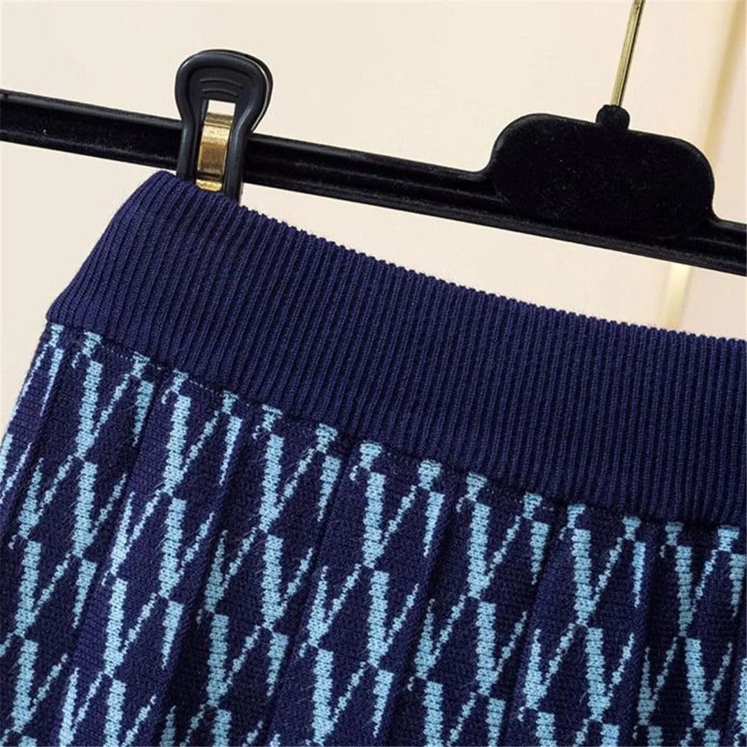 Thick Warm Knitted Long Skirt for Women Fall Winter Geometric A Line High Waist Pleated Midi Skirt