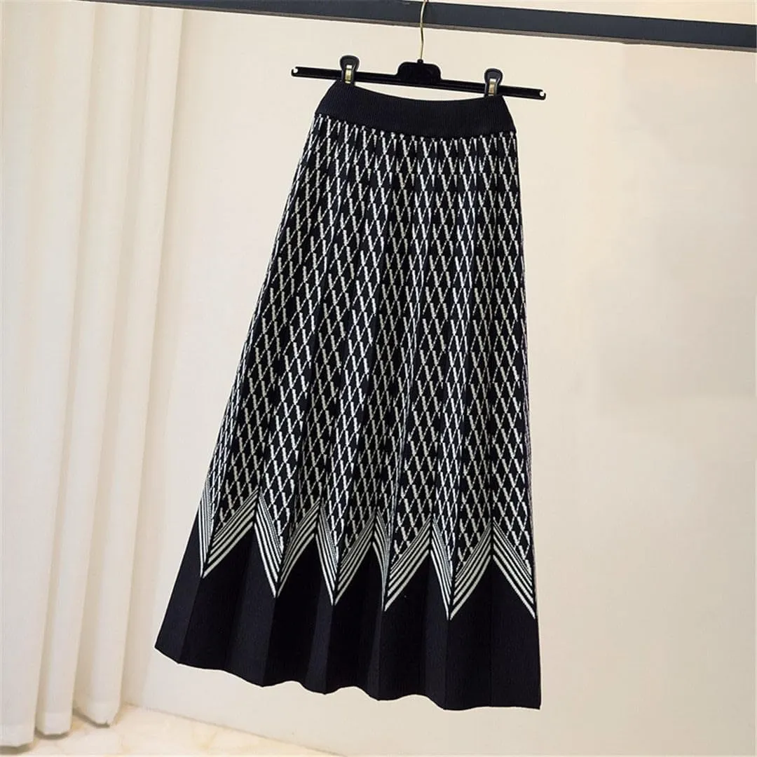 Thick Warm Knitted Long Skirt for Women Fall Winter Geometric A Line High Waist Pleated Midi Skirt