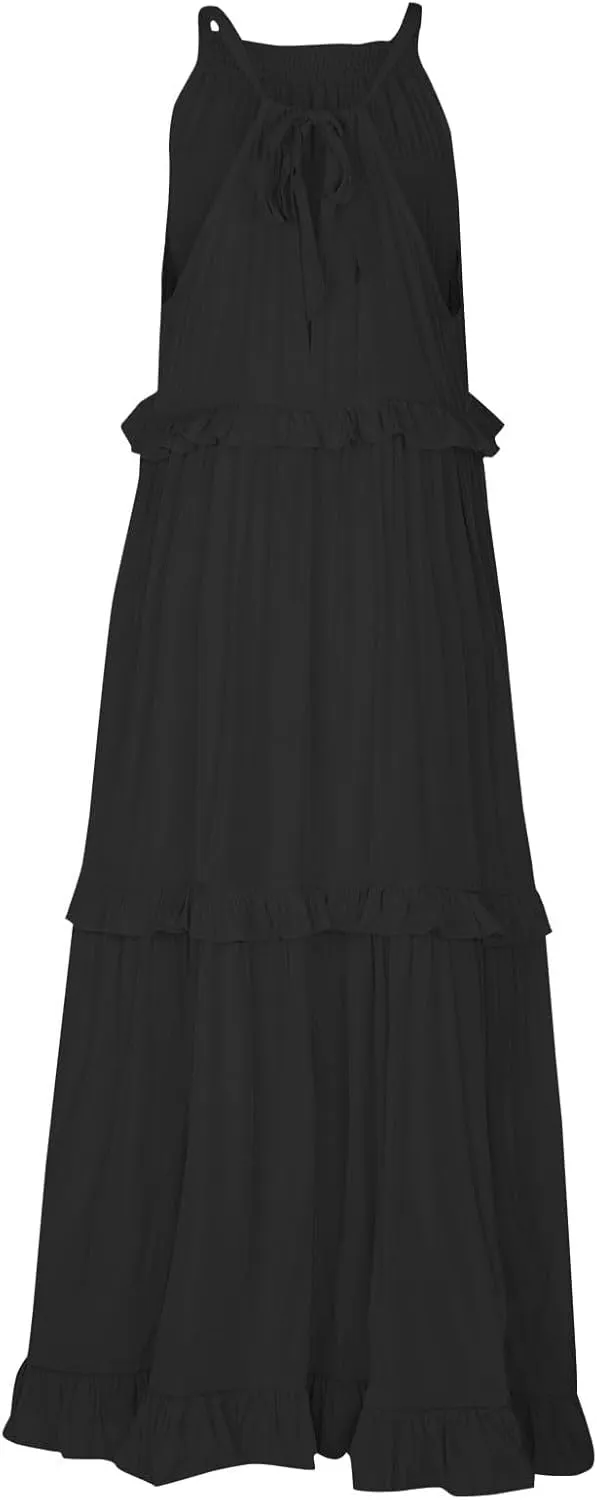 Tiered Halter Maxi Dresses for Women 2025 Elegant Pleated Long Flowy Dress Swing Sleeveless Ruffle Hem Beach Sundress