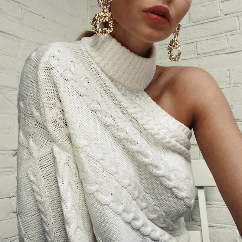 Turtleneck Cable Knit One Sleeve Bear Shoulder Women Pullover Sweater