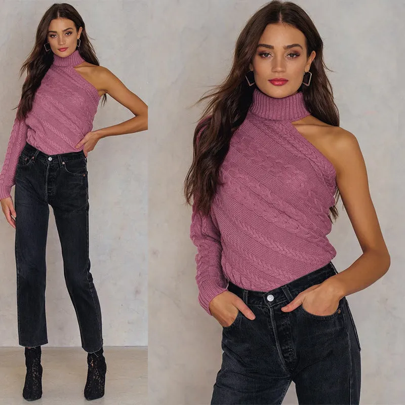 Turtleneck Cable Knit One Sleeve Bear Shoulder Women Pullover Sweater
