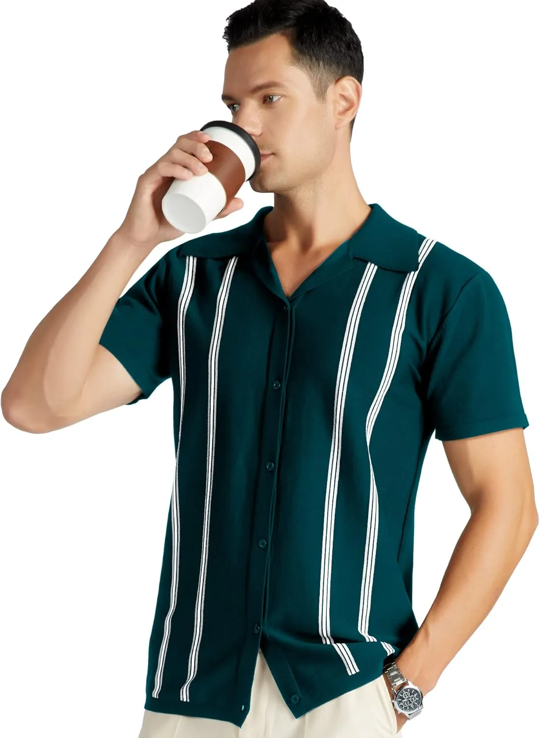 V VALANCH Men's Long/Short Sleeve Knitted Shirts Button Down Vintage Vercital Stripe Camp Collar Polo Shirt