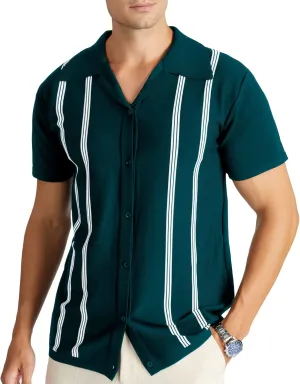 V VALANCH Men's Long/Short Sleeve Knitted Shirts Button Down Vintage Vercital Stripe Camp Collar Polo Shirt