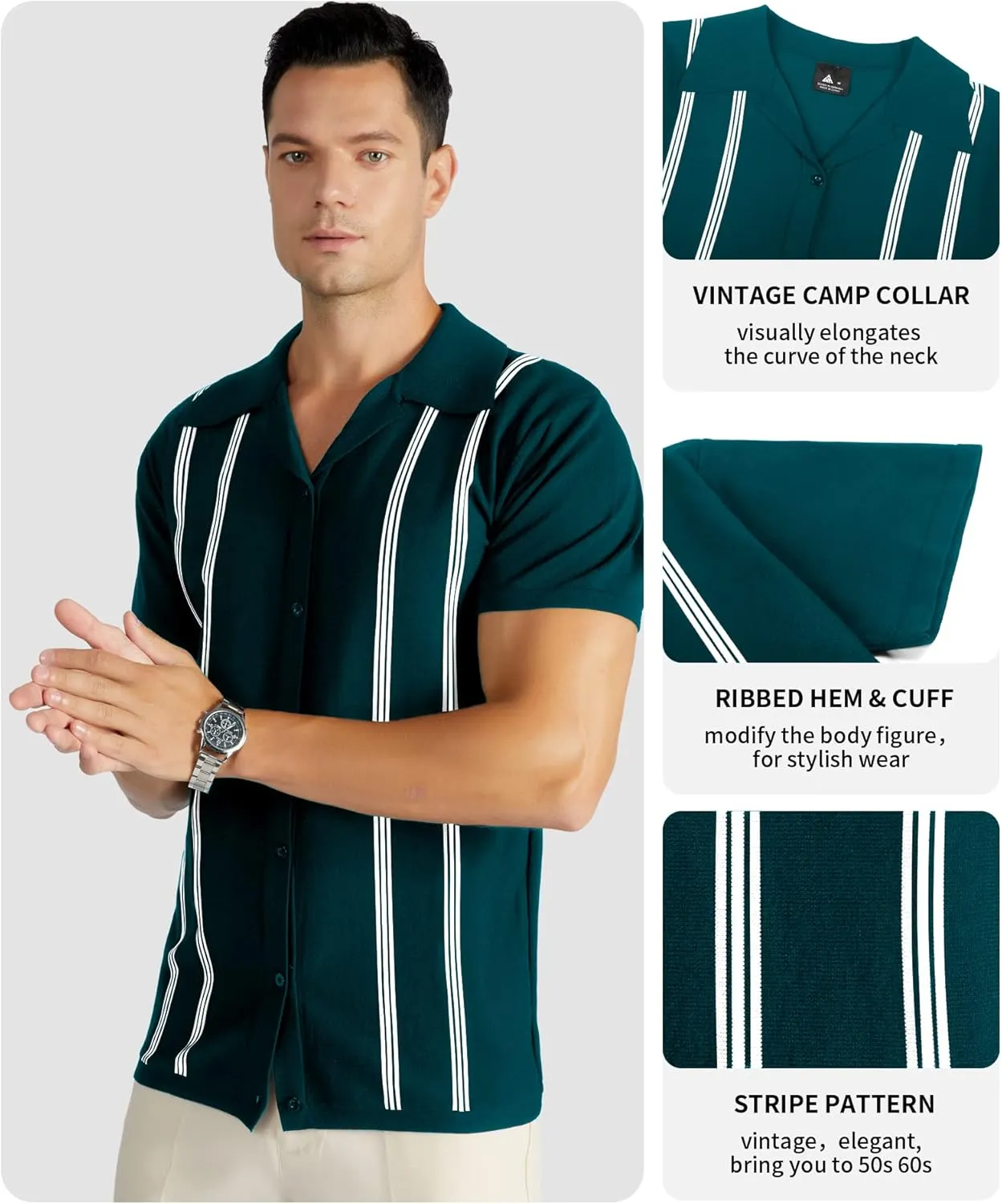 V VALANCH Men's Long/Short Sleeve Knitted Shirts Button Down Vintage Vercital Stripe Camp Collar Polo Shirt