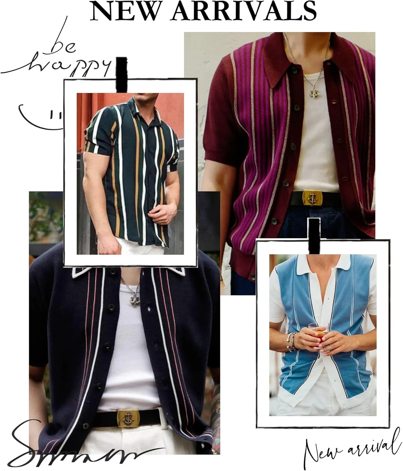 V VALANCH Men's Long/Short Sleeve Knitted Shirts Button Down Vintage Vercital Stripe Camp Collar Polo Shirt