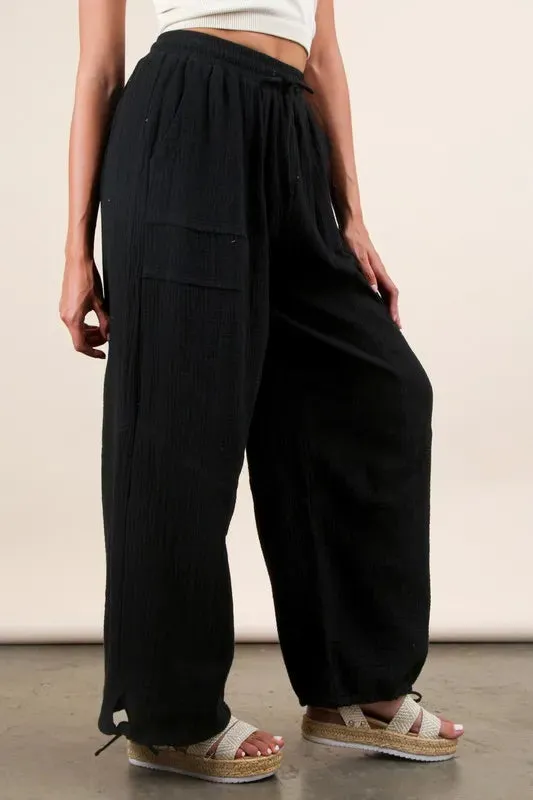 VERY J Wide Leg Gauze Solid Pants In Black