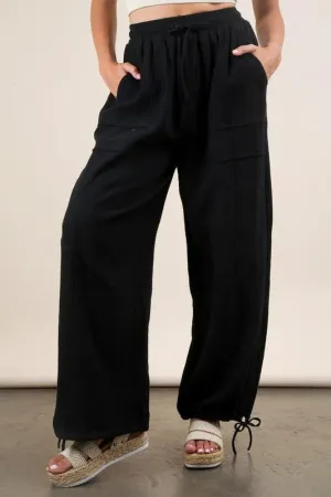 VERY J Wide Leg Gauze Solid Pants In Black