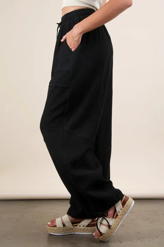 VERY J Wide Leg Gauze Solid Pants In Black