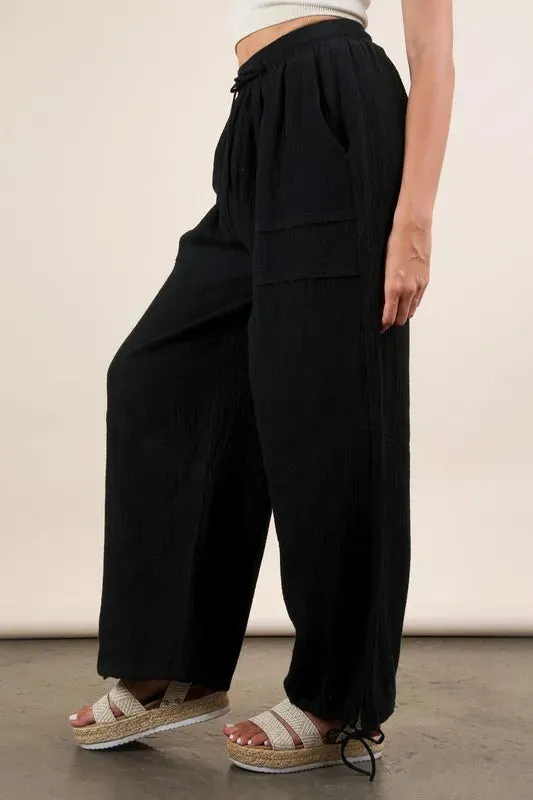 VERY J Wide Leg Gauze Solid Pants In Black