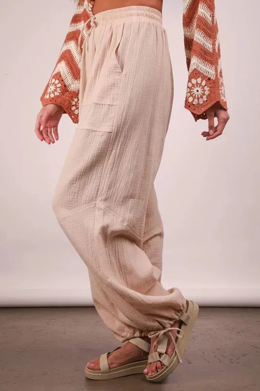 VERY J Wide Leg Gauze Solid Pants In Natural