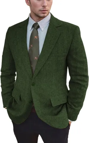 Vintage Mens Tweed Blazer Retro Wool Blend Suit Jackets Herringbone Two Button Sport Coat Prom Business Casual Wedding