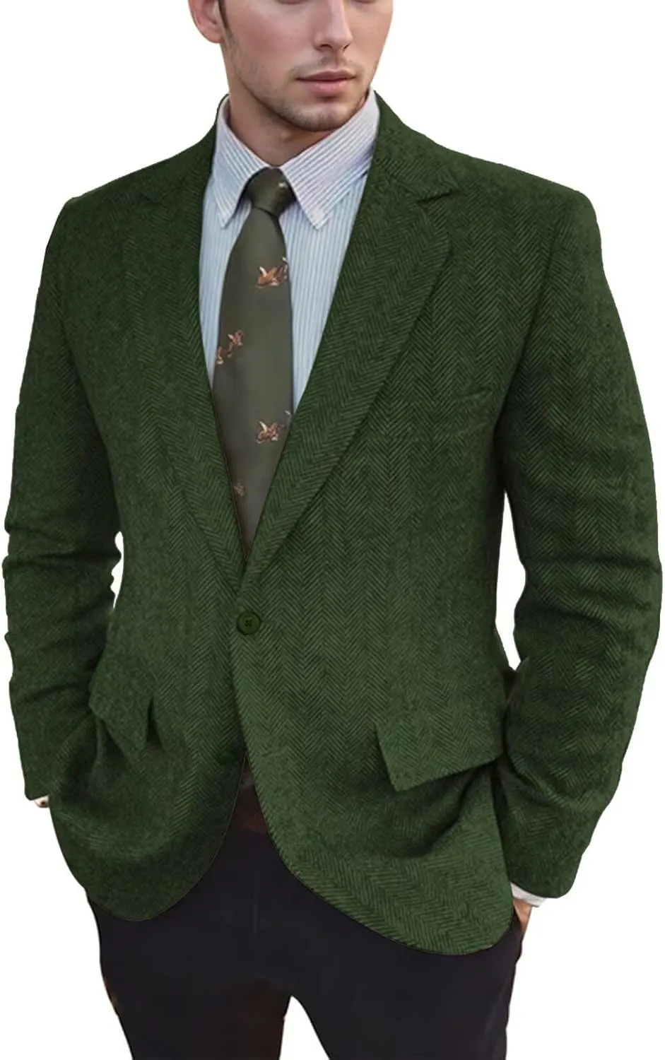 Vintage Mens Tweed Blazer Retro Wool Blend Suit Jackets Herringbone Two Button Sport Coat Prom Business Casual Wedding
