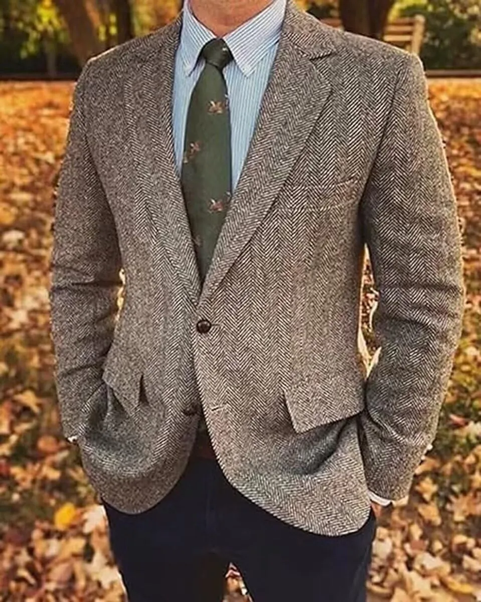 Vintage Mens Tweed Blazer Retro Wool Blend Suit Jackets Herringbone Two Button Sport Coat Prom Business Casual Wedding
