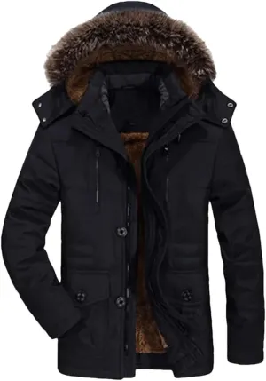 Vsadsau Men Thick Warm Coat Hooded Padded Cotton Coat Long Outdoor Jakcket Wool Liner Thicken Parkas
