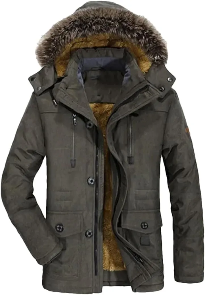 Vsadsau Men Thick Warm Coat Hooded Padded Cotton Coat Long Outdoor Jakcket Wool Liner Thicken Parkas