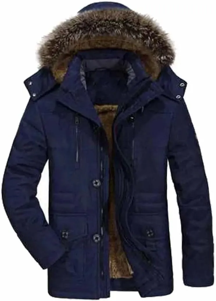 Vsadsau Men Thick Warm Coat Hooded Padded Cotton Coat Long Outdoor Jakcket Wool Liner Thicken Parkas