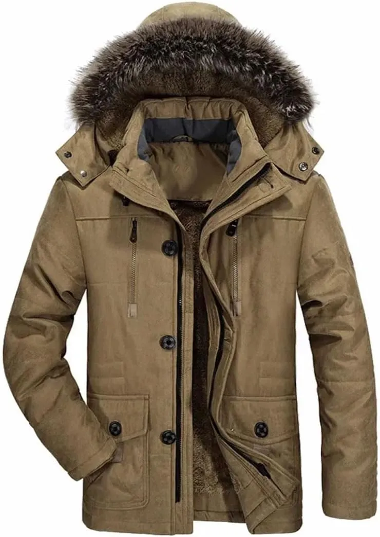 Vsadsau Men Thick Warm Coat Hooded Padded Cotton Coat Long Outdoor Jakcket Wool Liner Thicken Parkas