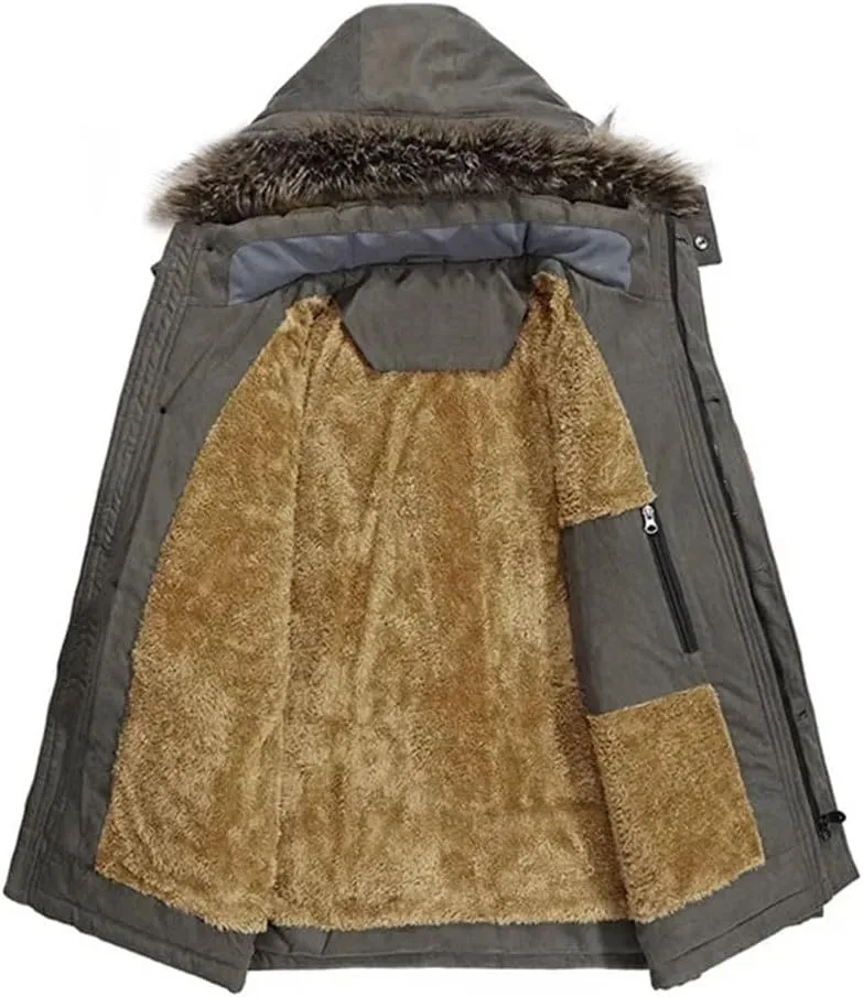 Vsadsau Men Thick Warm Coat Hooded Padded Cotton Coat Long Outdoor Jakcket Wool Liner Thicken Parkas