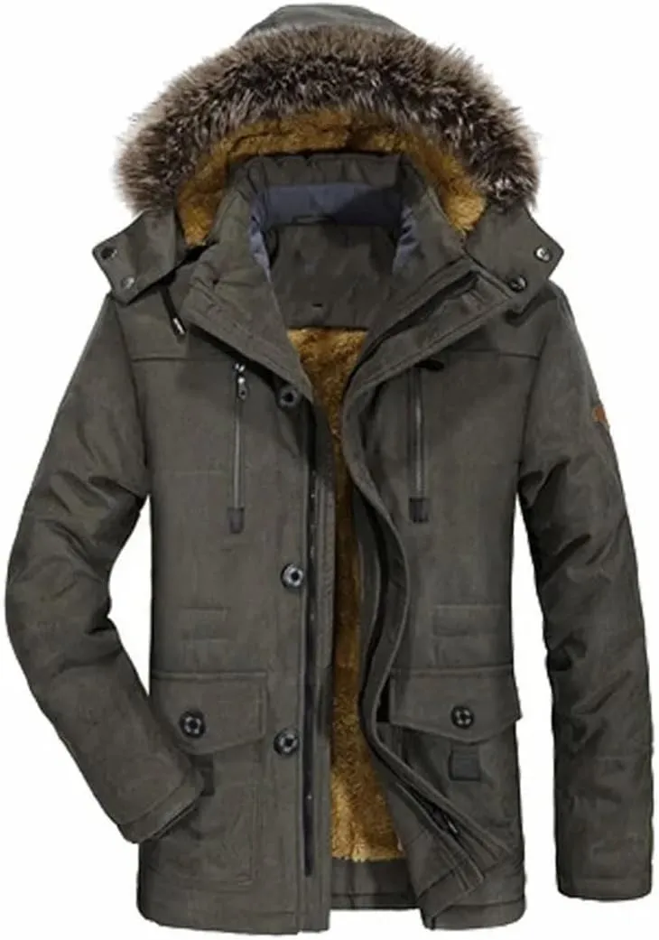 Vsadsau Men Thick Warm Coat Hooded Padded Cotton Coat Long Outdoor Jakcket Wool Liner Thicken Parkas