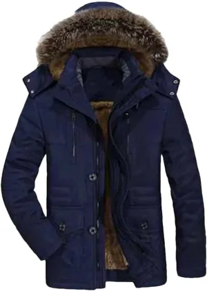 Vsadsau Men Thick Warm Coat Hooded Padded Cotton Coat Long Outdoor Jakcket Wool Liner Thicken Parkas
