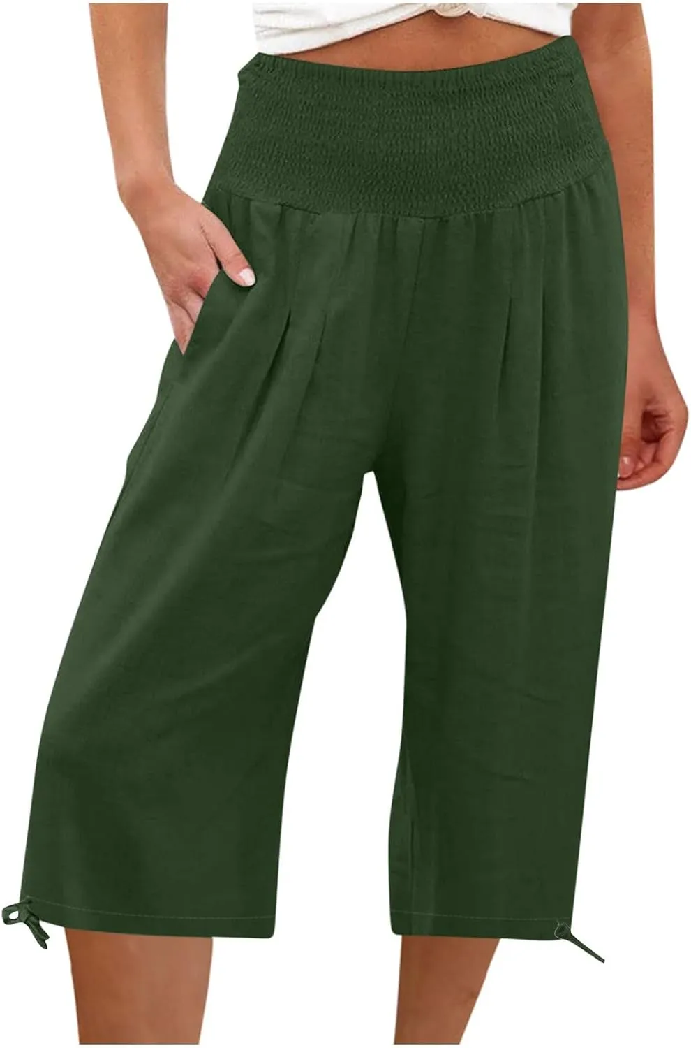 Wide Leg Capri Pants Women Summer Linen High Waisted Lounge Pants Drawstring Straight Leg Trousers Loose Comfy for Ladies