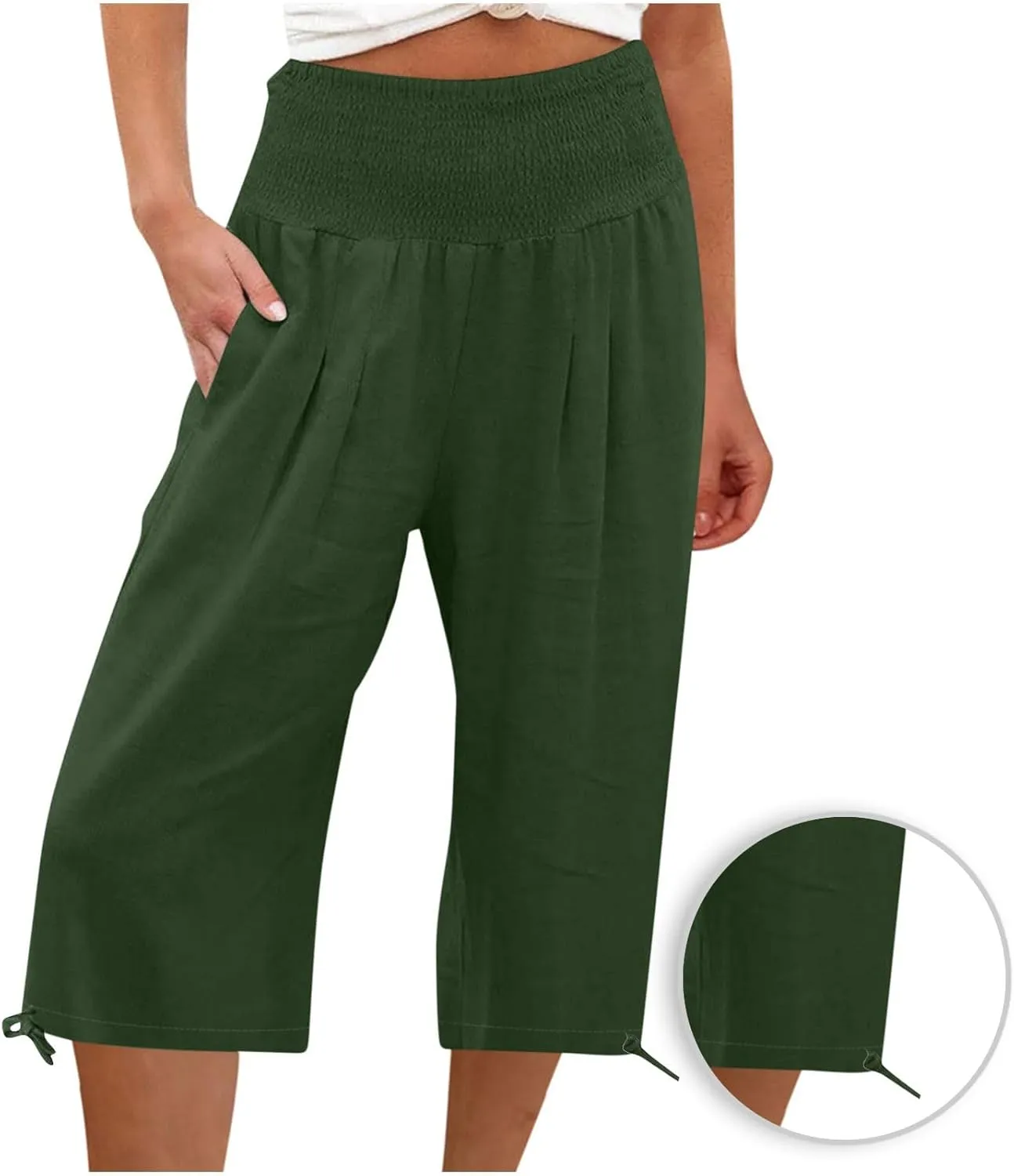 Wide Leg Capri Pants Women Summer Linen High Waisted Lounge Pants Drawstring Straight Leg Trousers Loose Comfy for Ladies