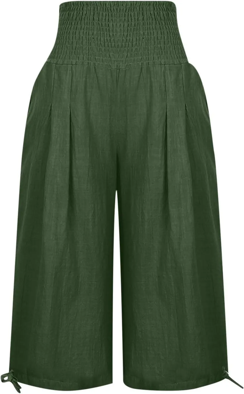 Wide Leg Capri Pants Women Summer Linen High Waisted Lounge Pants Drawstring Straight Leg Trousers Loose Comfy for Ladies