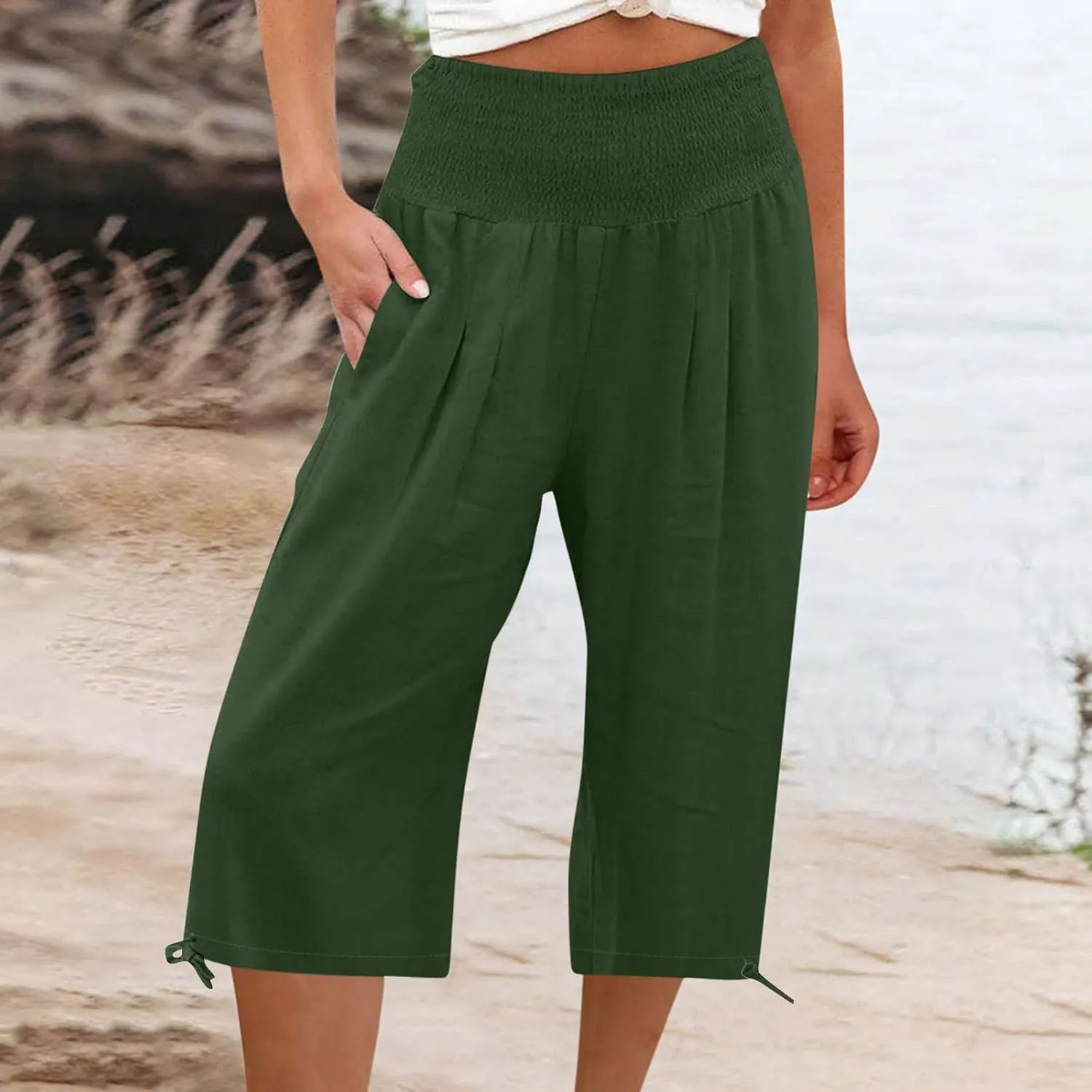 Wide Leg Capri Pants Women Summer Linen High Waisted Lounge Pants Drawstring Straight Leg Trousers Loose Comfy for Ladies