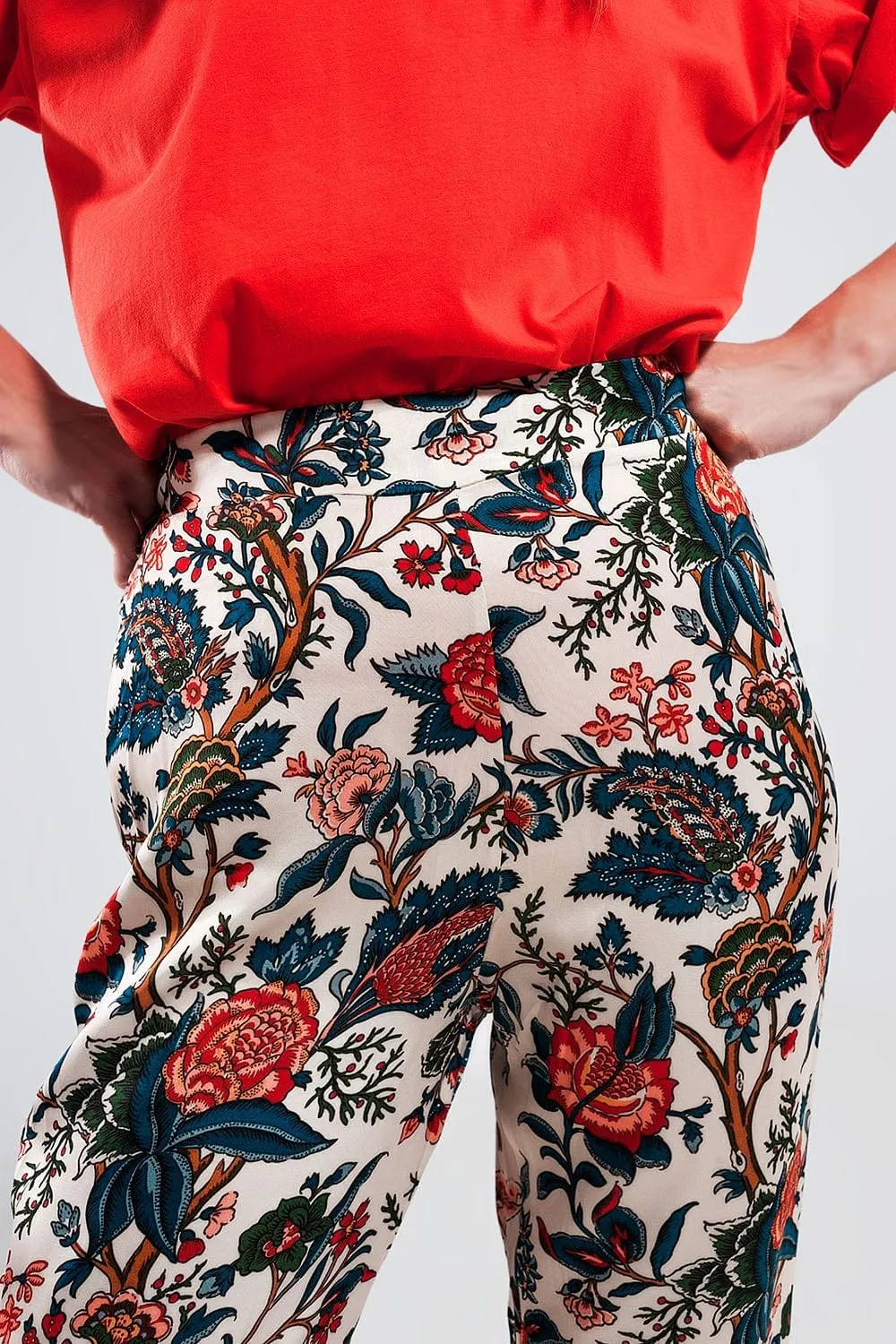 Wide Leg Pants In Beige Paisley Floral