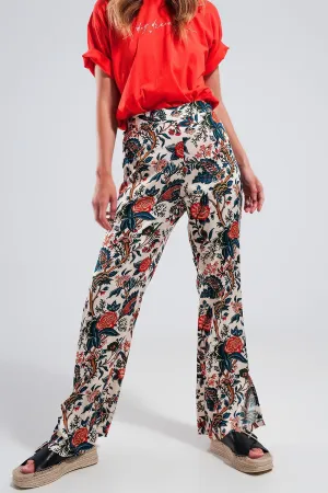 Wide Leg Pants In Beige Paisley Floral