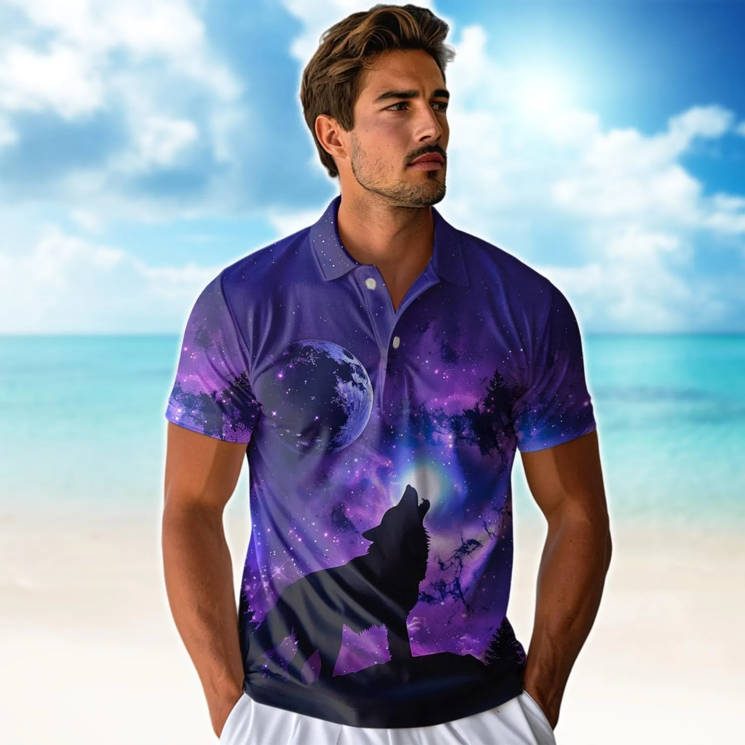 Wolf Moon Polo Shirts for Men- Golf Moisture Wicking Dry Fit Short Sleeve Polo Shirts S32