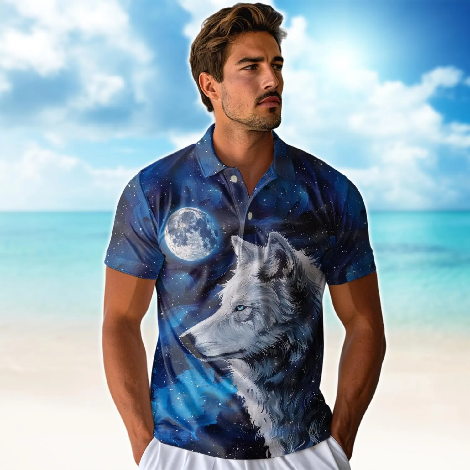 Wolf Moon Polo Shirts for Men- Golf Moisture Wicking Dry Fit Short Sleeve Polo Shirts S32