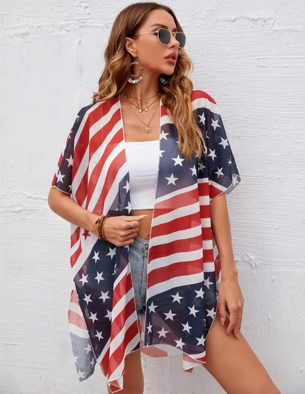 Women American Flag Kimono 4th of July Cover Up Lightweight Cardigan 4th of July Outfits for Women S-XXL