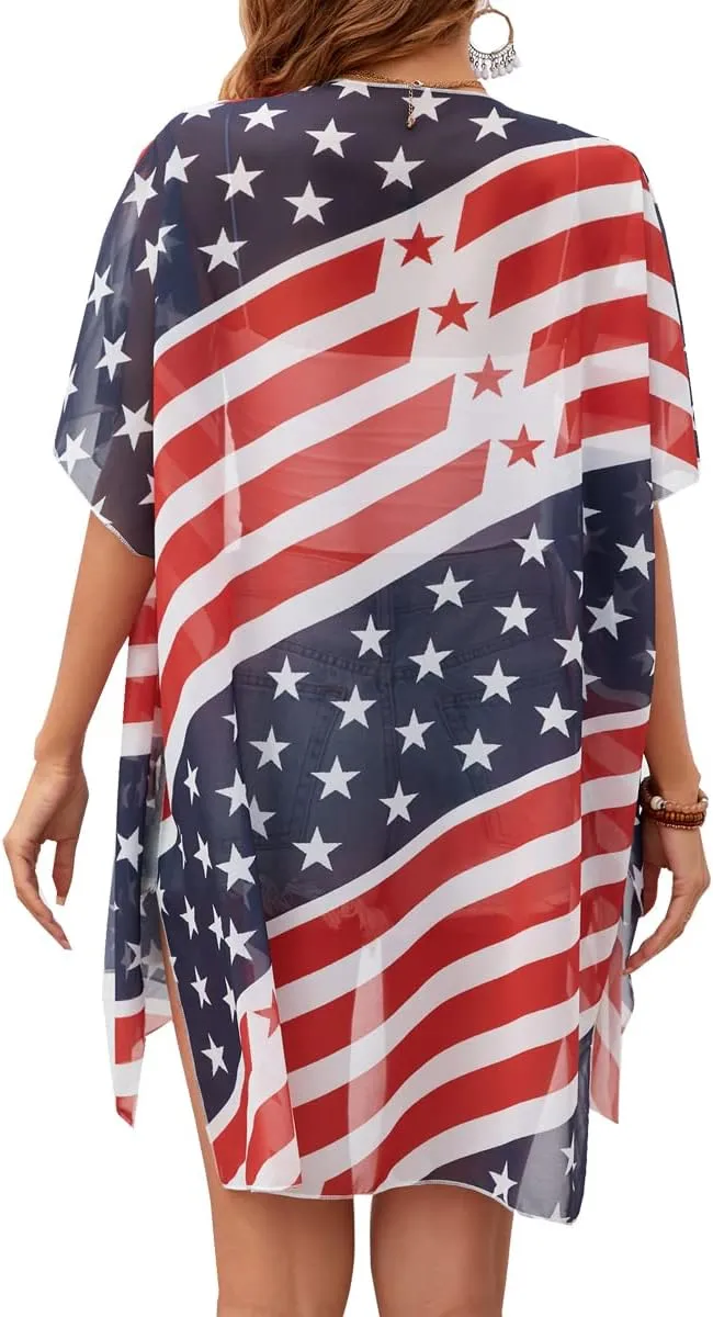 Women American Flag Kimono 4th of July Cover Up Lightweight Cardigan 4th of July Outfits for Women S-XXL