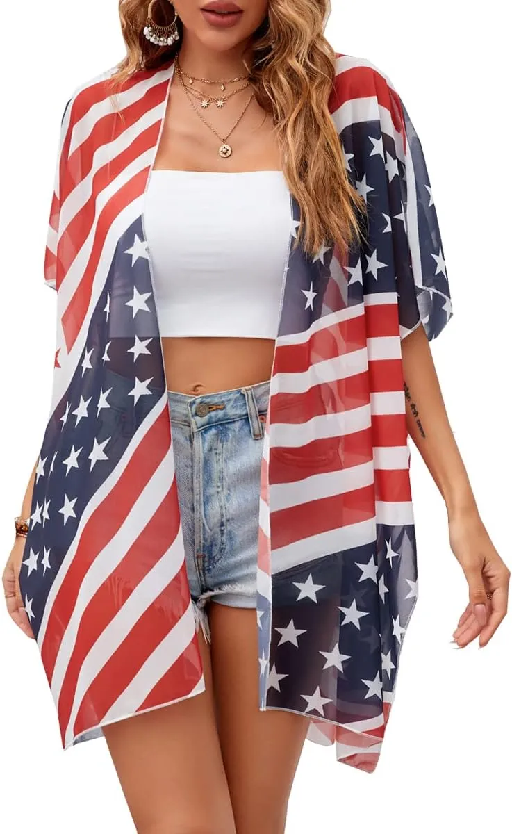 Women American Flag Kimono 4th of July Cover Up Lightweight Cardigan 4th of July Outfits for Women S-XXL