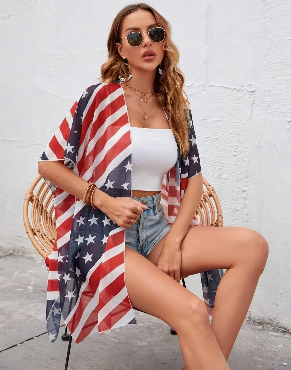 Women American Flag Kimono 4th of July Cover Up Lightweight Cardigan 4th of July Outfits for Women S-XXL