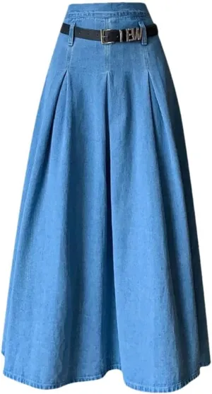 Women High-Waisted Medium-Length A- Line Umbrella Skirt Denim Skirt