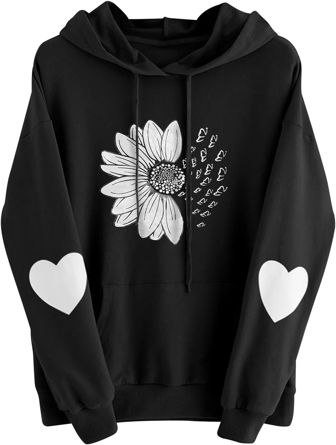 Women Hoodies Daisy Graphic Long Sleeve Pullover Drawstring Tops 2024 Fall Loose Floral Print Sweatshirt with Pockets