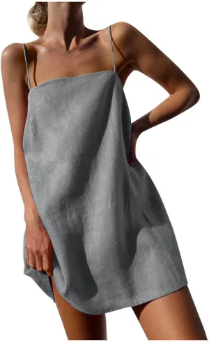 Women Linen Mini Dress Spaghetti Strap Summer Dress Casual Loose Sundress Short Cami Dress Beach Party Sun Dress