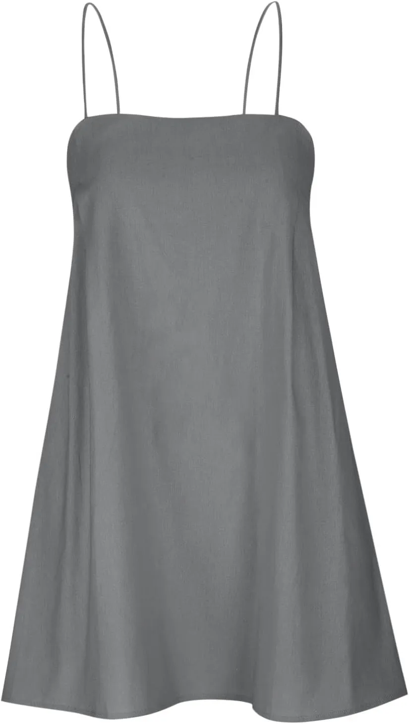 Women Linen Mini Dress Spaghetti Strap Summer Dress Casual Loose Sundress Short Cami Dress Beach Party Sun Dress