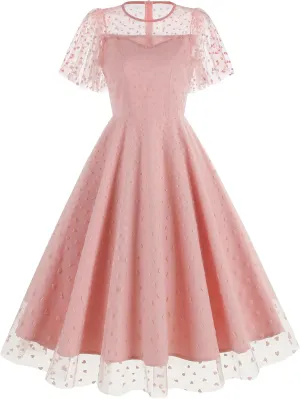 Women Mesh Floral Embroidery Vintage Cocktail Swing Dress Ruffle Sleeve Embroidered Floral Dress for Women Tulle Prom Dress