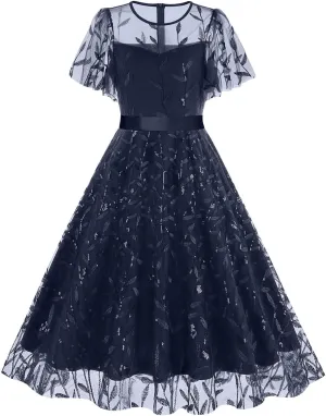 Women Mesh Floral Embroidery Vintage Cocktail Swing Dress Ruffle Sleeve Embroidered Floral Dress for Women Tulle Prom Dress