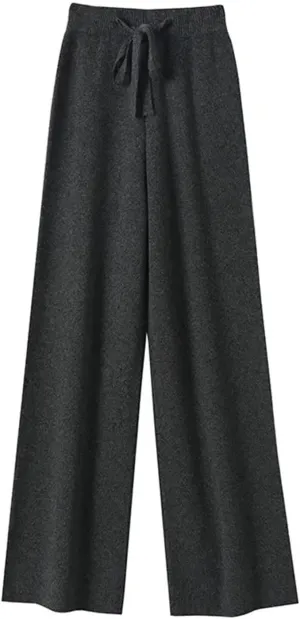 Women Spring Autumn High Waist Wide Leg Pants Solid Warm Merino Wool Knitted Casual with Drawstring Trousers