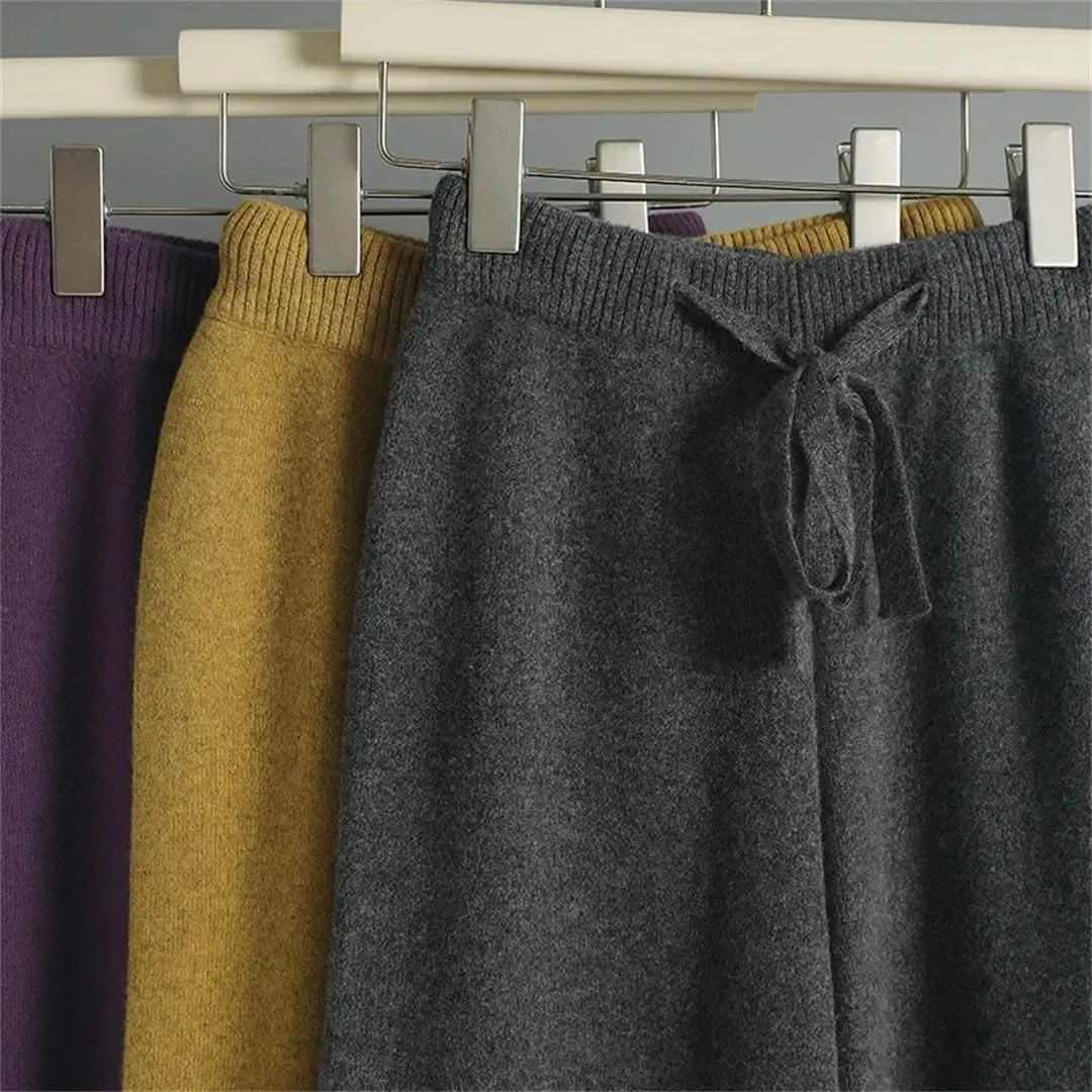 Women Spring Autumn High Waist Wide Leg Pants Solid Warm Merino Wool Knitted Casual with Drawstring Trousers
