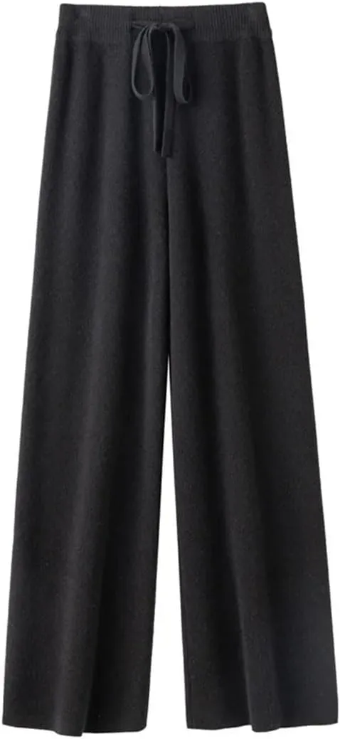 Women Spring Autumn High Waist Wide Leg Pants Solid Warm Merino Wool Knitted Casual with Drawstring Trousers