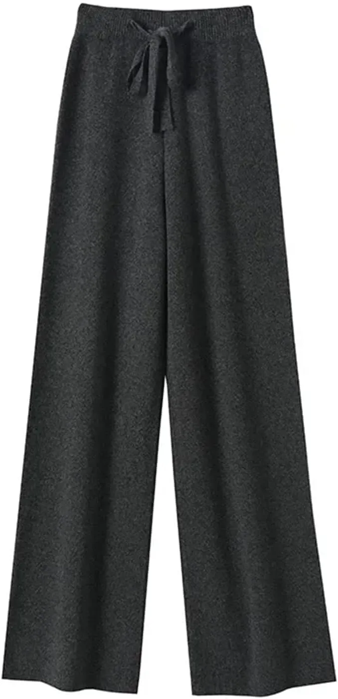 Women Spring Autumn High Waist Wide Leg Pants Solid Warm Merino Wool Knitted Casual with Drawstring Trousers