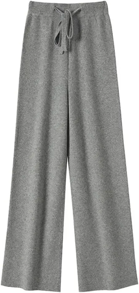Women Spring Autumn High Waist Wide Leg Pants Solid Warm Merino Wool Knitted Casual with Drawstring Trousers