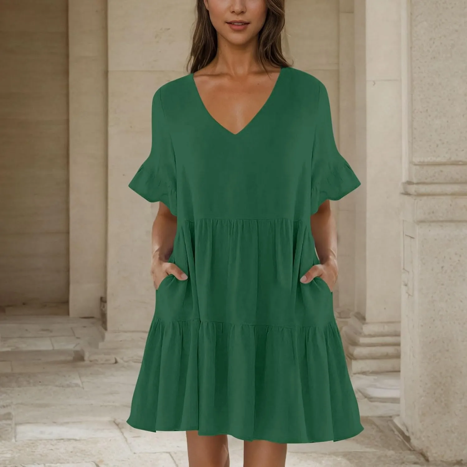 Women Summer Casual Dress Loose V Neck Sundress Short Flowy Dress Ruffle Tiered Mini Dress Cute Shirt Dress for Beach