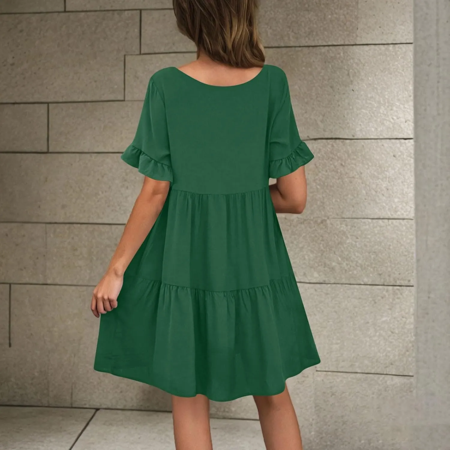 Women Summer Casual Dress Loose V Neck Sundress Short Flowy Dress Ruffle Tiered Mini Dress Cute Shirt Dress for Beach